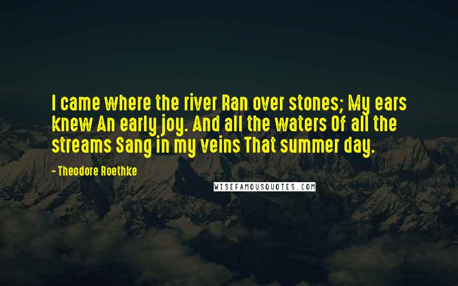 Theodore Roethke Quotes: I came where the river Ran over stones; My ears knew An early joy. And all the waters Of all the streams Sang in my veins That summer day.