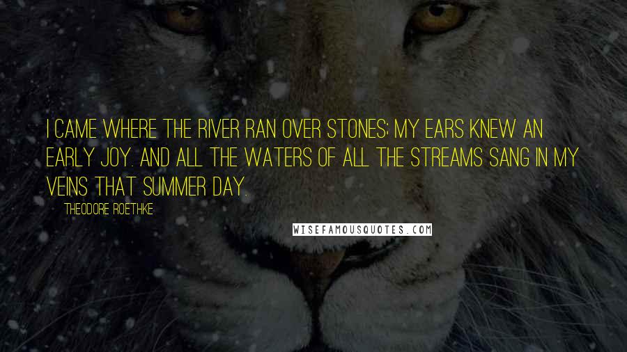 Theodore Roethke Quotes: I came where the river Ran over stones; My ears knew An early joy. And all the waters Of all the streams Sang in my veins That summer day.