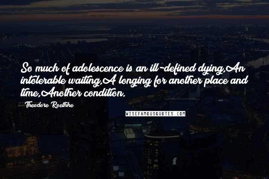 Theodore Roethke Quotes: So much of adolescence is an ill-defined dying,An intolerable waiting,A longing for another place and time,Another condition.