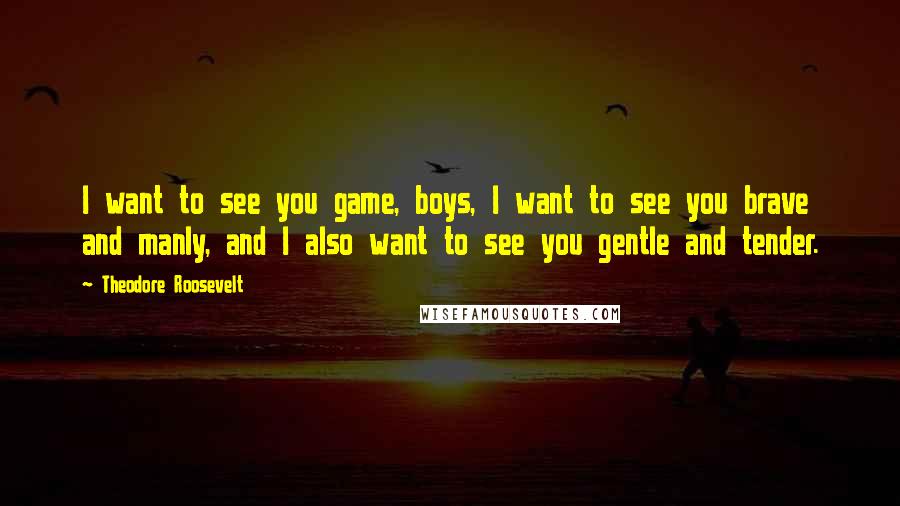 Theodore Roosevelt Quotes: I want to see you game, boys, I want to see you brave and manly, and I also want to see you gentle and tender.