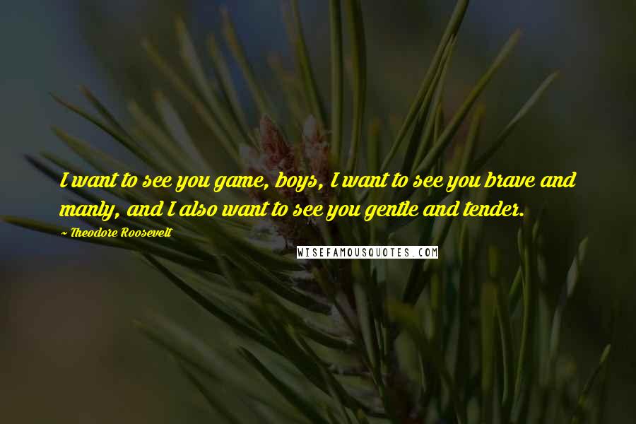 Theodore Roosevelt Quotes: I want to see you game, boys, I want to see you brave and manly, and I also want to see you gentle and tender.