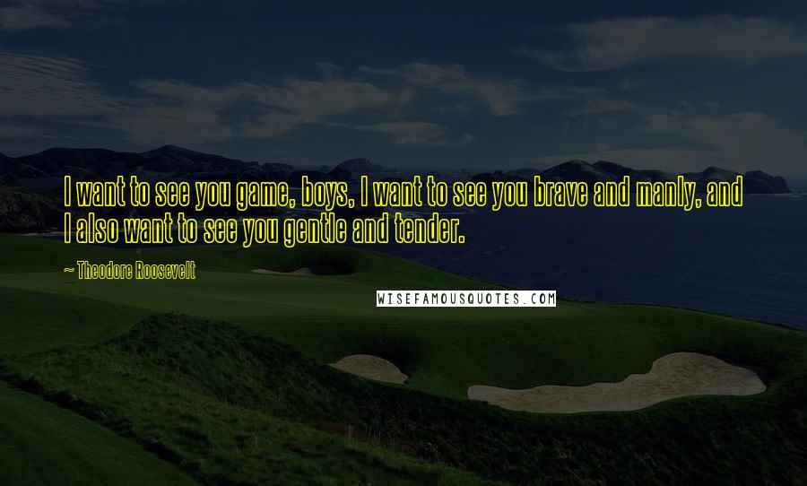 Theodore Roosevelt Quotes: I want to see you game, boys, I want to see you brave and manly, and I also want to see you gentle and tender.