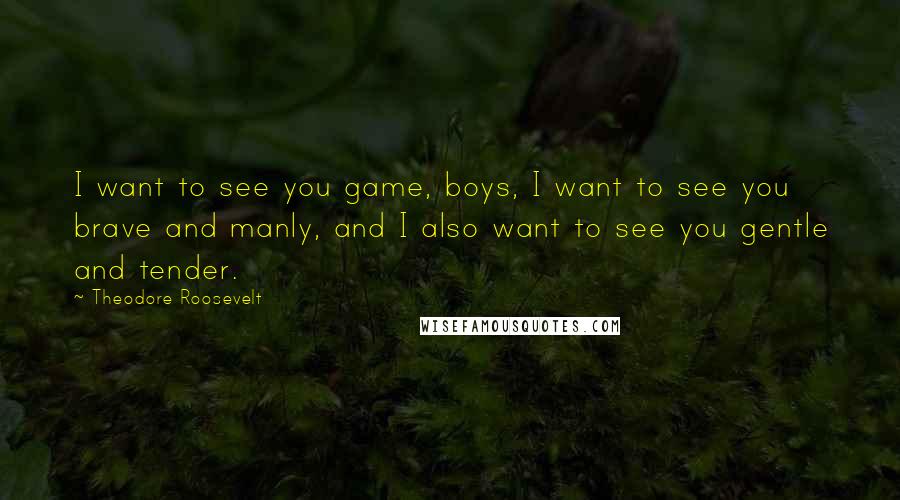 Theodore Roosevelt Quotes: I want to see you game, boys, I want to see you brave and manly, and I also want to see you gentle and tender.