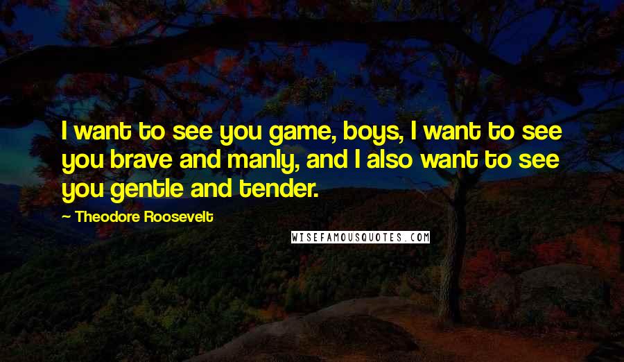 Theodore Roosevelt Quotes: I want to see you game, boys, I want to see you brave and manly, and I also want to see you gentle and tender.