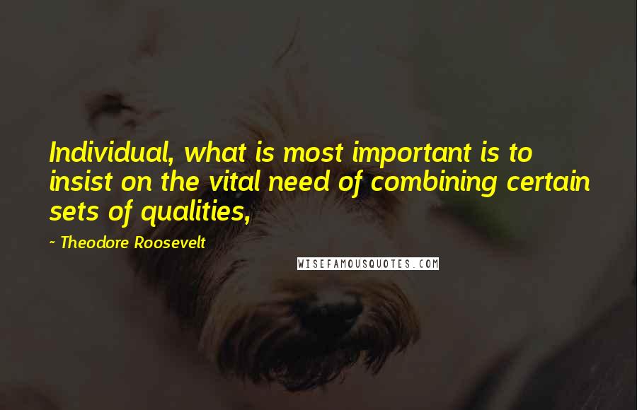 Theodore Roosevelt Quotes: Individual, what is most important is to insist on the vital need of combining certain sets of qualities,