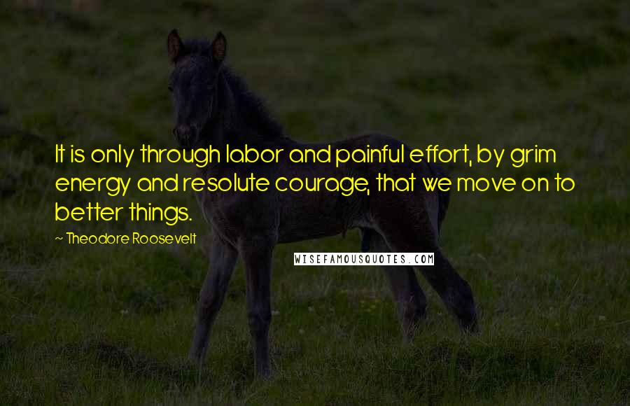 Theodore Roosevelt Quotes: It is only through labor and painful effort, by grim energy and resolute courage, that we move on to better things.