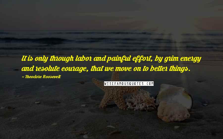 Theodore Roosevelt Quotes: It is only through labor and painful effort, by grim energy and resolute courage, that we move on to better things.
