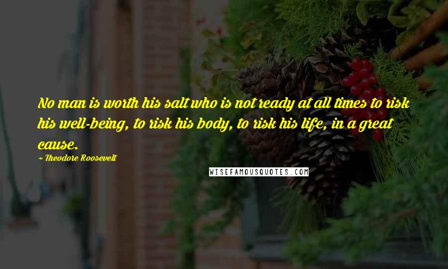 Theodore Roosevelt Quotes: No man is worth his salt who is not ready at all times to risk his well-being, to risk his body, to risk his life, in a great cause.