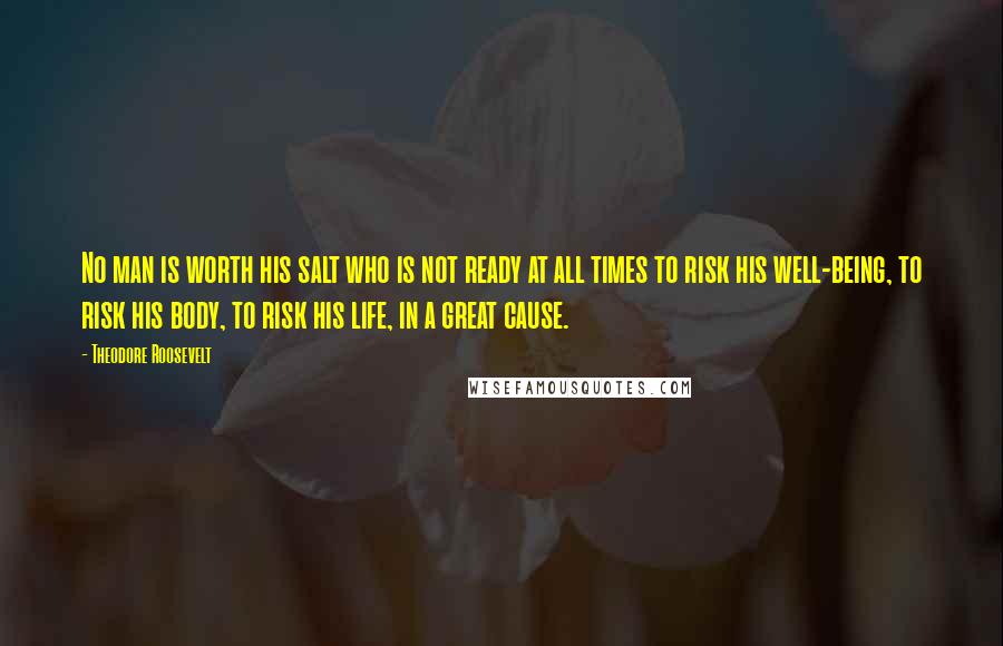 Theodore Roosevelt Quotes: No man is worth his salt who is not ready at all times to risk his well-being, to risk his body, to risk his life, in a great cause.
