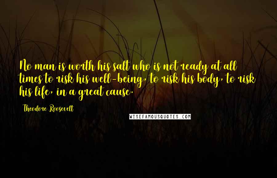 Theodore Roosevelt Quotes: No man is worth his salt who is not ready at all times to risk his well-being, to risk his body, to risk his life, in a great cause.