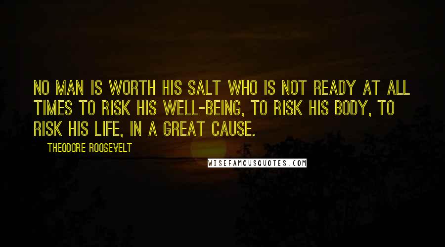 Theodore Roosevelt Quotes: No man is worth his salt who is not ready at all times to risk his well-being, to risk his body, to risk his life, in a great cause.