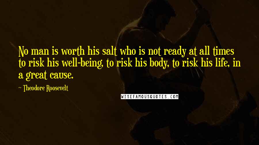 Theodore Roosevelt Quotes: No man is worth his salt who is not ready at all times to risk his well-being, to risk his body, to risk his life, in a great cause.