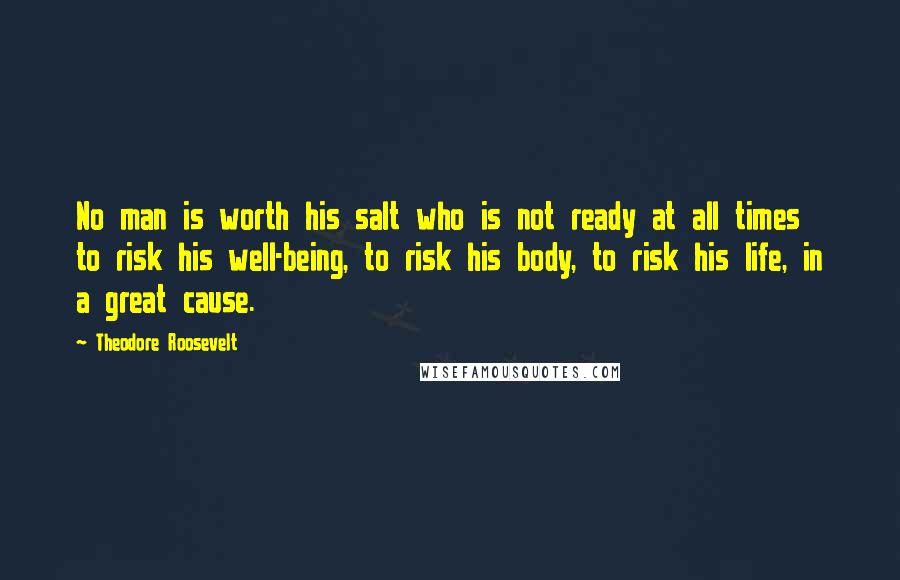 Theodore Roosevelt Quotes: No man is worth his salt who is not ready at all times to risk his well-being, to risk his body, to risk his life, in a great cause.