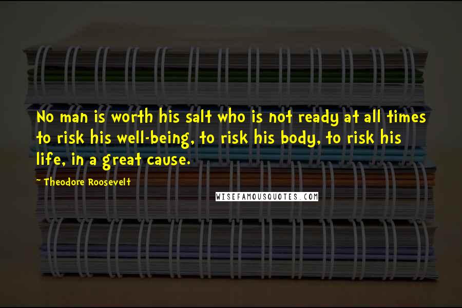 Theodore Roosevelt Quotes: No man is worth his salt who is not ready at all times to risk his well-being, to risk his body, to risk his life, in a great cause.