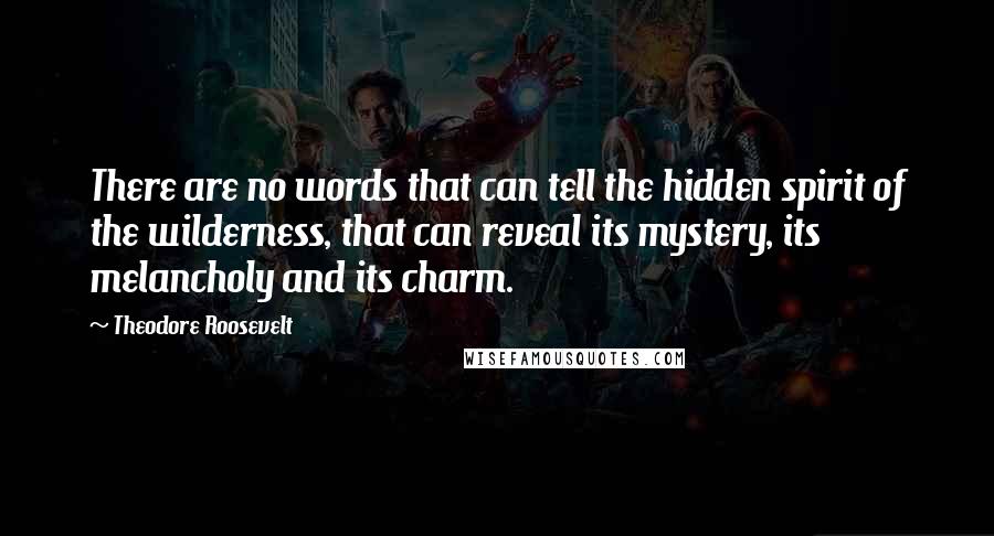 Theodore Roosevelt Quotes: There are no words that can tell the hidden spirit of the wilderness, that can reveal its mystery, its melancholy and its charm.