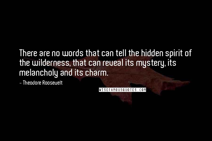 Theodore Roosevelt Quotes: There are no words that can tell the hidden spirit of the wilderness, that can reveal its mystery, its melancholy and its charm.