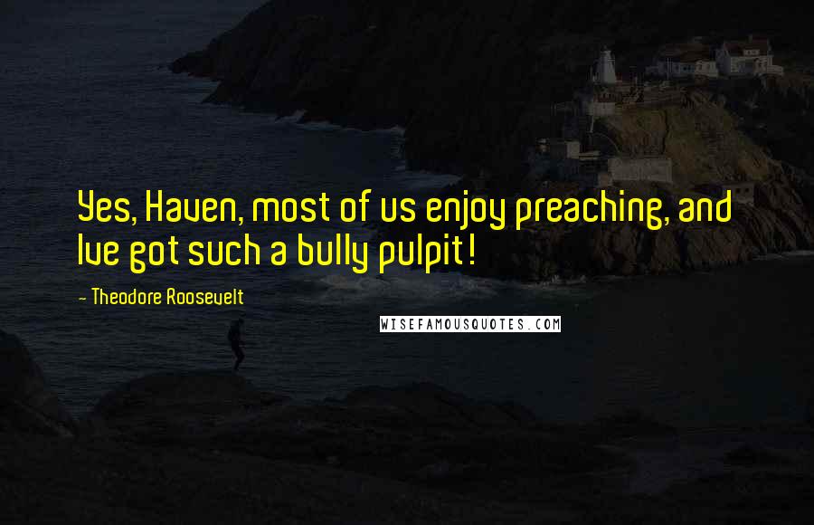 Theodore Roosevelt Quotes: Yes, Haven, most of us enjoy preaching, and Ive got such a bully pulpit!