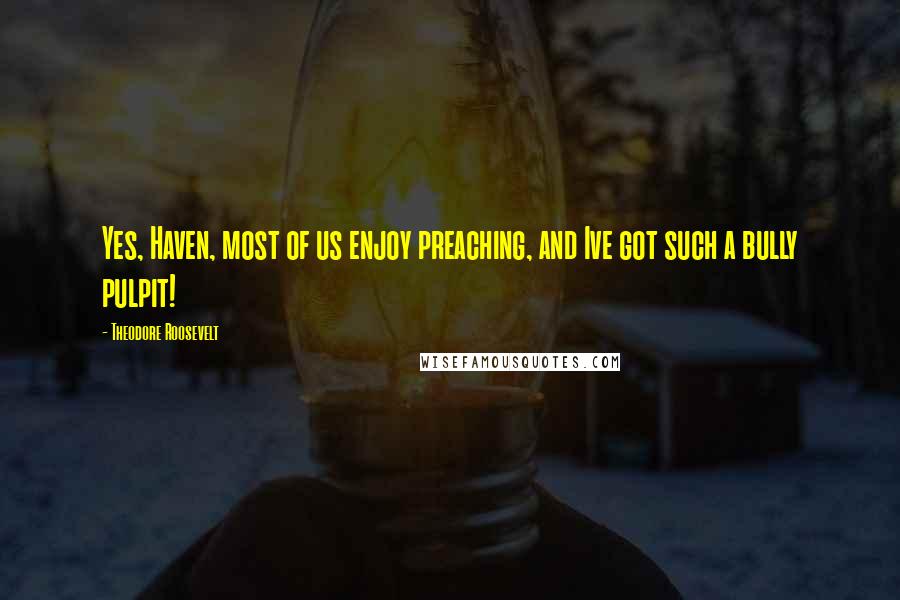 Theodore Roosevelt Quotes: Yes, Haven, most of us enjoy preaching, and Ive got such a bully pulpit!