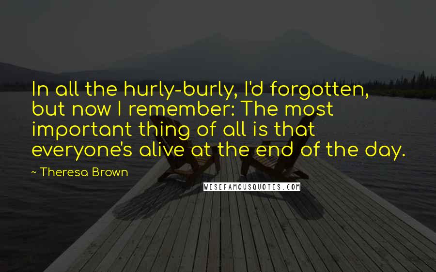 Theresa Brown Quotes: In all the hurly-burly, I'd forgotten, but now I remember: The most important thing of all is that everyone's alive at the end of the day.