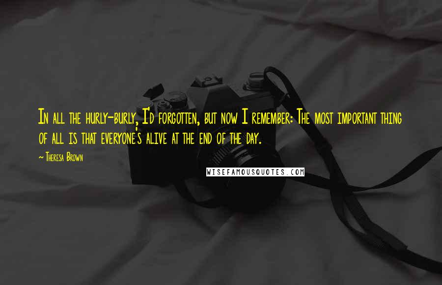 Theresa Brown Quotes: In all the hurly-burly, I'd forgotten, but now I remember: The most important thing of all is that everyone's alive at the end of the day.