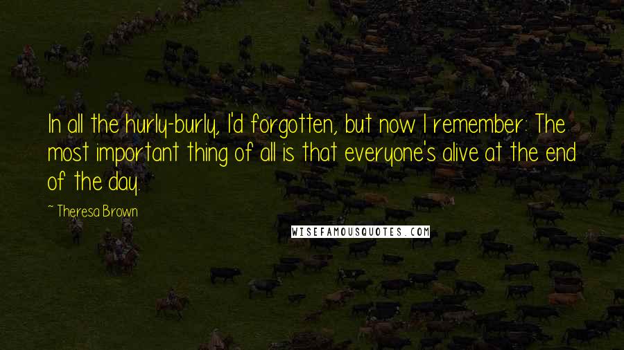 Theresa Brown Quotes: In all the hurly-burly, I'd forgotten, but now I remember: The most important thing of all is that everyone's alive at the end of the day.