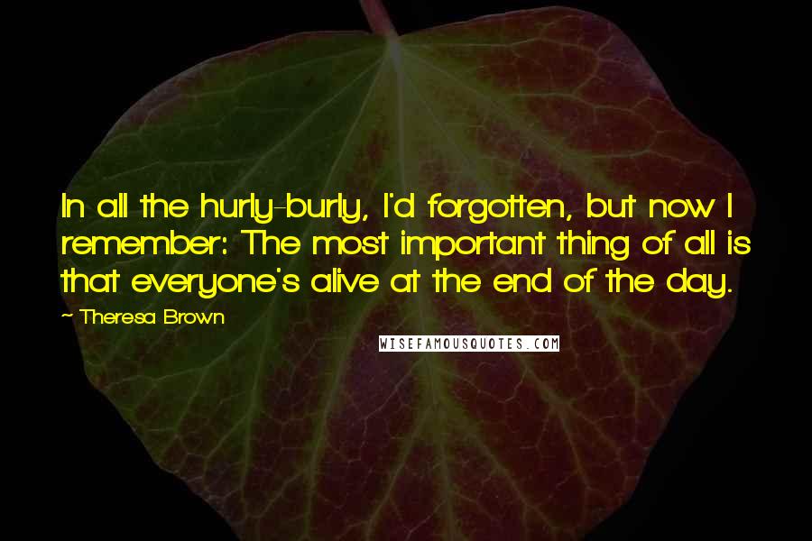 Theresa Brown Quotes: In all the hurly-burly, I'd forgotten, but now I remember: The most important thing of all is that everyone's alive at the end of the day.