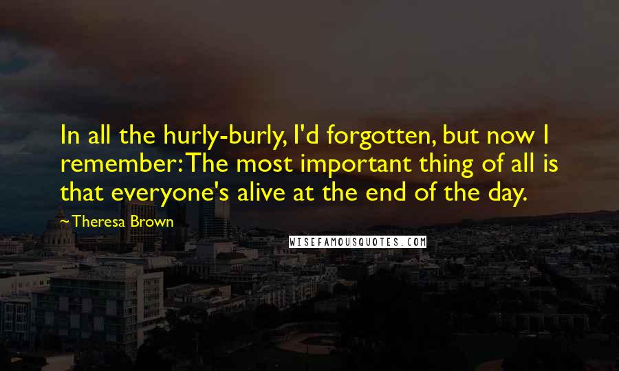 Theresa Brown Quotes: In all the hurly-burly, I'd forgotten, but now I remember: The most important thing of all is that everyone's alive at the end of the day.