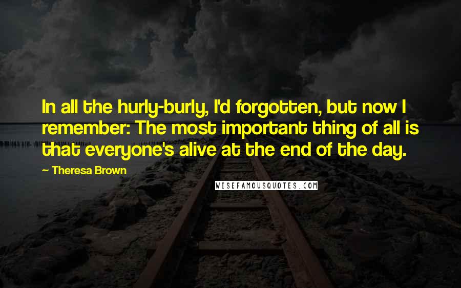 Theresa Brown Quotes: In all the hurly-burly, I'd forgotten, but now I remember: The most important thing of all is that everyone's alive at the end of the day.