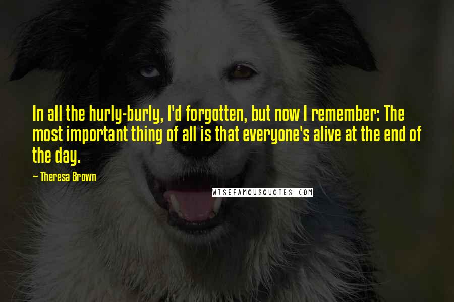 Theresa Brown Quotes: In all the hurly-burly, I'd forgotten, but now I remember: The most important thing of all is that everyone's alive at the end of the day.