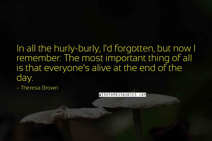 Theresa Brown Quotes: In all the hurly-burly, I'd forgotten, but now I remember: The most important thing of all is that everyone's alive at the end of the day.