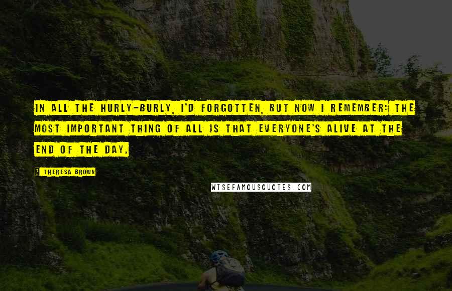 Theresa Brown Quotes: In all the hurly-burly, I'd forgotten, but now I remember: The most important thing of all is that everyone's alive at the end of the day.