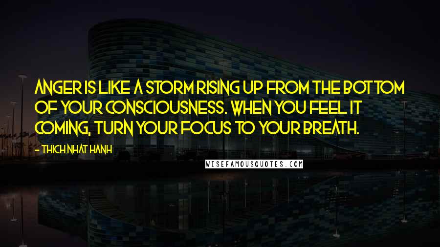 Thich Nhat Hanh Quotes: Anger is like a storm rising up from the bottom of your consciousness. When you feel it coming, turn your focus to your breath.