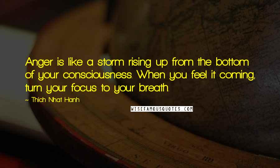 Thich Nhat Hanh Quotes: Anger is like a storm rising up from the bottom of your consciousness. When you feel it coming, turn your focus to your breath.