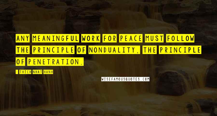 Thich Nhat Hanh Quotes: Any meaningful work for peace must follow the principle of nonduality, the principle of penetration.