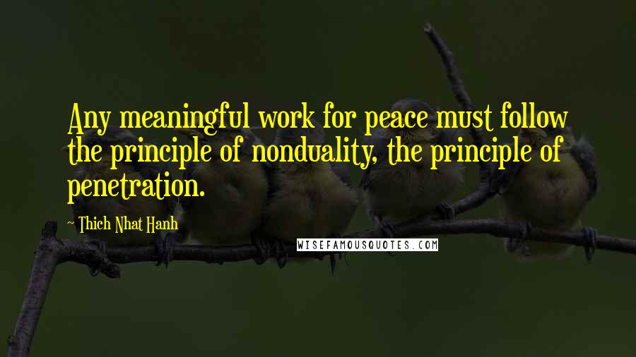 Thich Nhat Hanh Quotes: Any meaningful work for peace must follow the principle of nonduality, the principle of penetration.