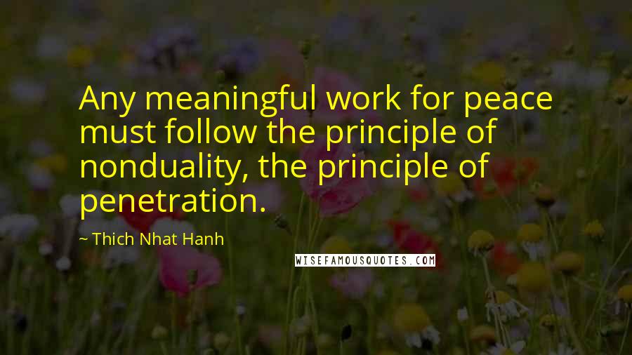 Thich Nhat Hanh Quotes: Any meaningful work for peace must follow the principle of nonduality, the principle of penetration.