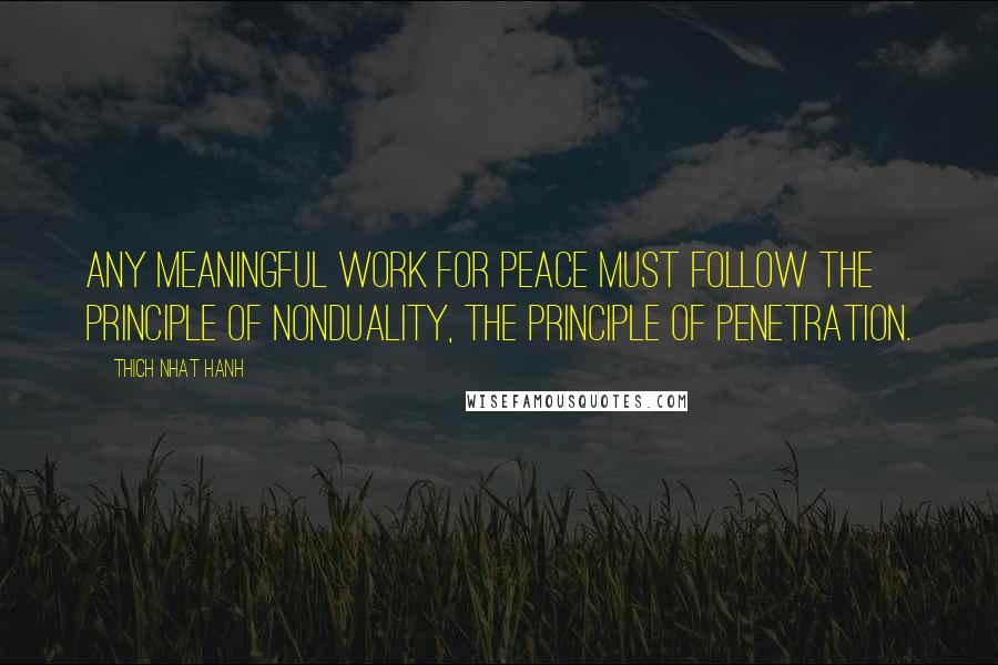 Thich Nhat Hanh Quotes: Any meaningful work for peace must follow the principle of nonduality, the principle of penetration.