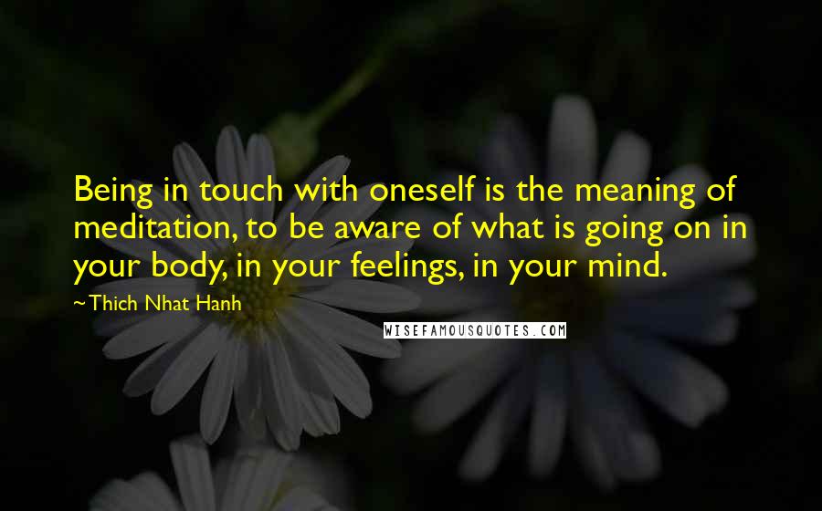 Thich Nhat Hanh Quotes: Being in touch with oneself is the meaning of meditation, to be aware of what is going on in your body, in your feelings, in your mind.