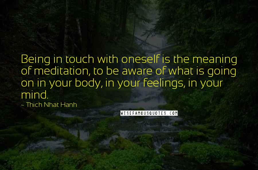 Thich Nhat Hanh Quotes: Being in touch with oneself is the meaning of meditation, to be aware of what is going on in your body, in your feelings, in your mind.