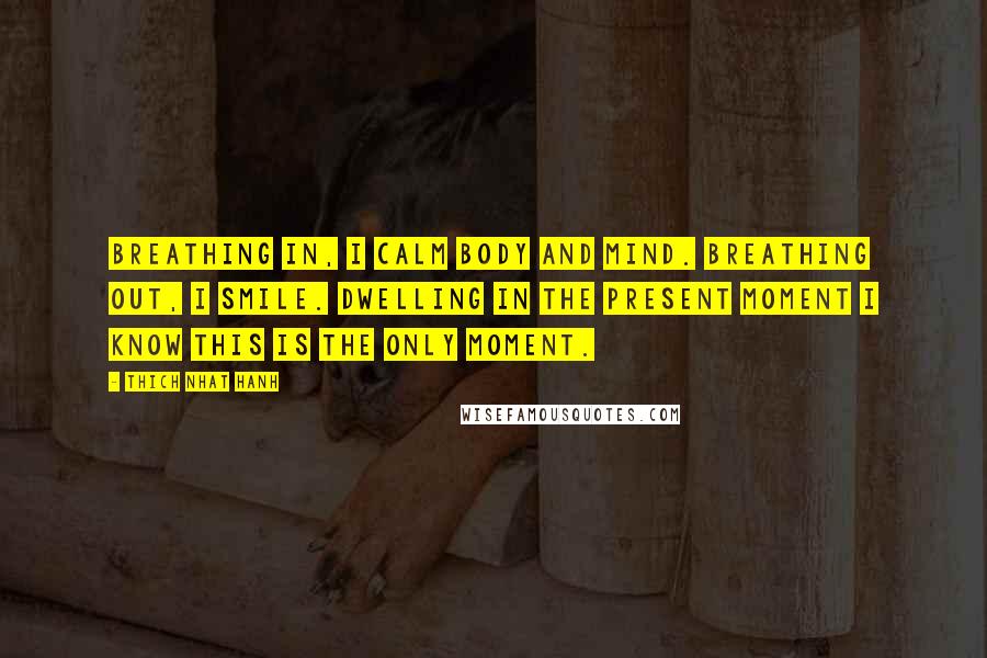 Thich Nhat Hanh Quotes: Breathing in, I calm body and mind. Breathing out, I smile. Dwelling in the present moment I know this is the only moment.