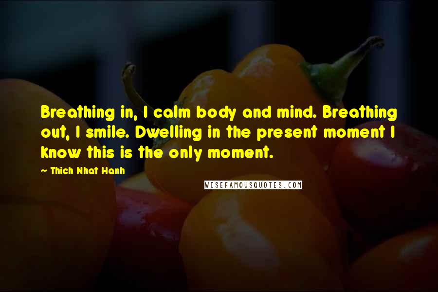 Thich Nhat Hanh Quotes: Breathing in, I calm body and mind. Breathing out, I smile. Dwelling in the present moment I know this is the only moment.