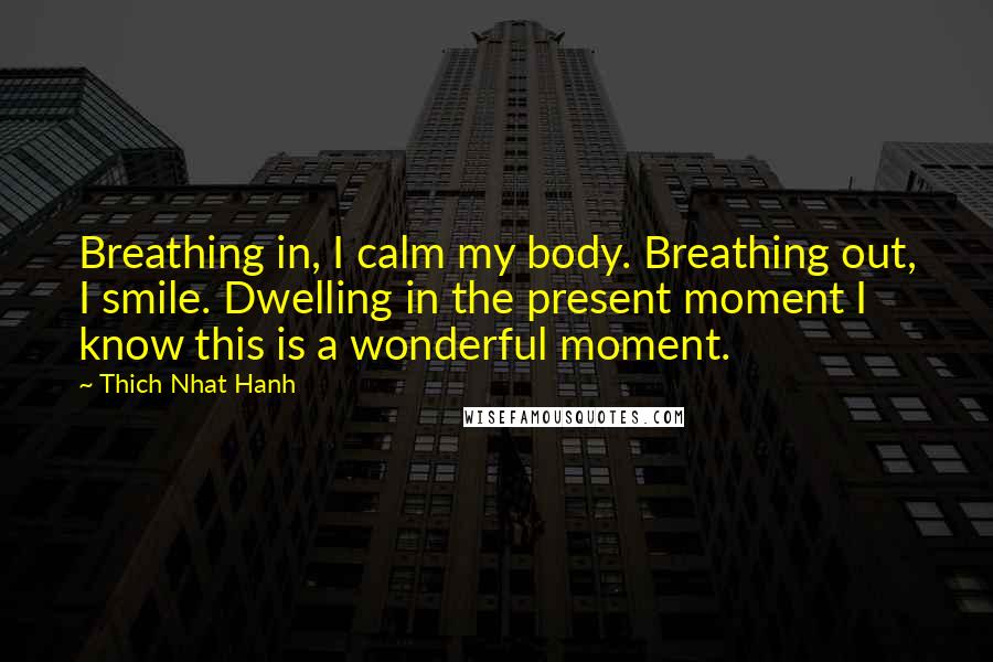 Thich Nhat Hanh Quotes: Breathing in, I calm my body. Breathing out, I smile. Dwelling in the present moment I know this is a wonderful moment.