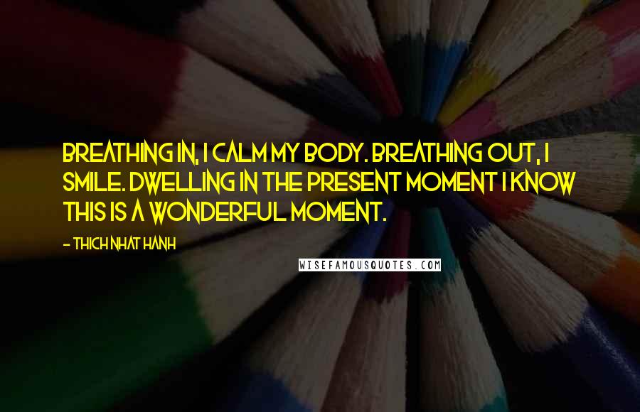 Thich Nhat Hanh Quotes: Breathing in, I calm my body. Breathing out, I smile. Dwelling in the present moment I know this is a wonderful moment.