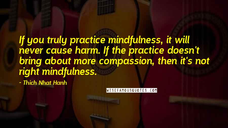 Thich Nhat Hanh Quotes: If you truly practice mindfulness, it will never cause harm. If the practice doesn't bring about more compassion, then it's not right mindfulness.