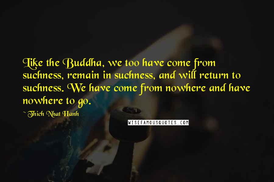 Thich Nhat Hanh Quotes: Like the Buddha, we too have come from suchness, remain in suchness, and will return to suchness. We have come from nowhere and have nowhere to go.
