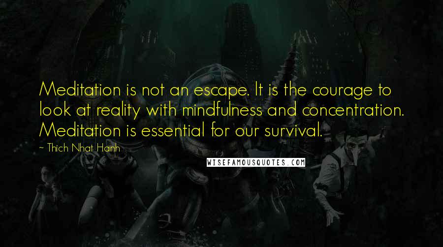 Thich Nhat Hanh Quotes: Meditation is not an escape. It is the courage to look at reality with mindfulness and concentration. Meditation is essential for our survival.