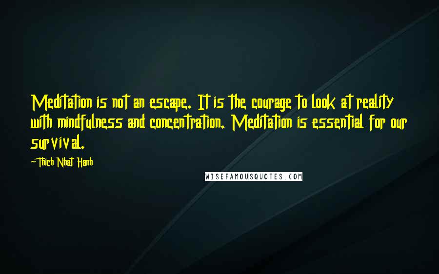 Thich Nhat Hanh Quotes: Meditation is not an escape. It is the courage to look at reality with mindfulness and concentration. Meditation is essential for our survival.