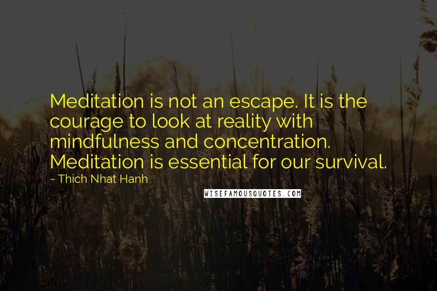 Thich Nhat Hanh Quotes: Meditation is not an escape. It is the courage to look at reality with mindfulness and concentration. Meditation is essential for our survival.