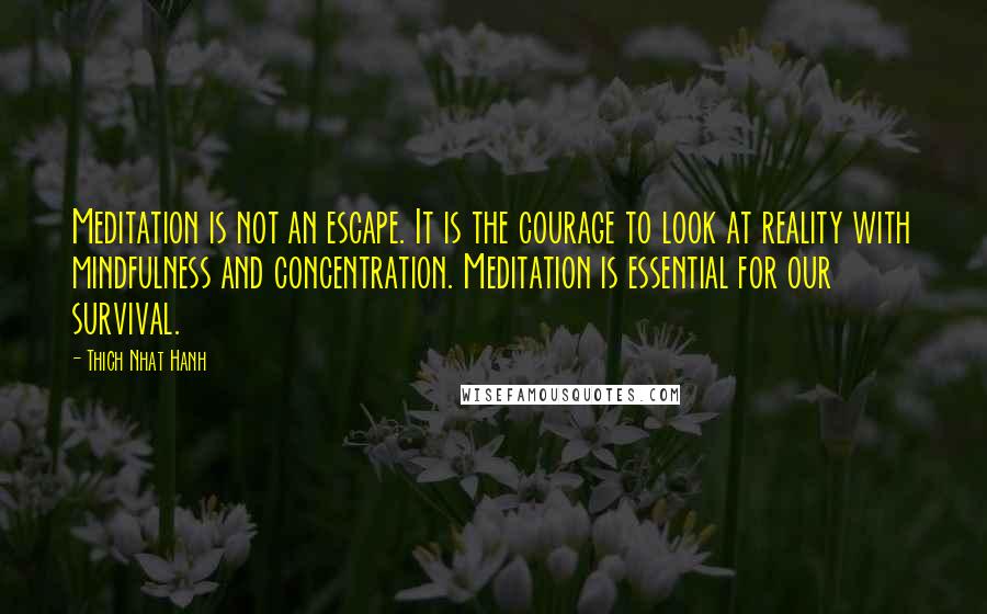 Thich Nhat Hanh Quotes: Meditation is not an escape. It is the courage to look at reality with mindfulness and concentration. Meditation is essential for our survival.