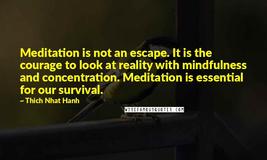 Thich Nhat Hanh Quotes: Meditation is not an escape. It is the courage to look at reality with mindfulness and concentration. Meditation is essential for our survival.